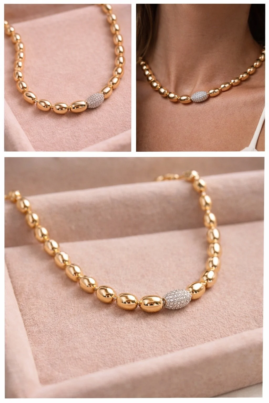 Oval Bead Necklace with Side Pave